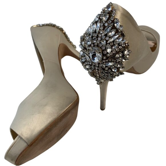Badgley Mischka Embellished Peep-Toe Stiletto Heels Size 9.5M Satin & Leather - Picture 2 of 13